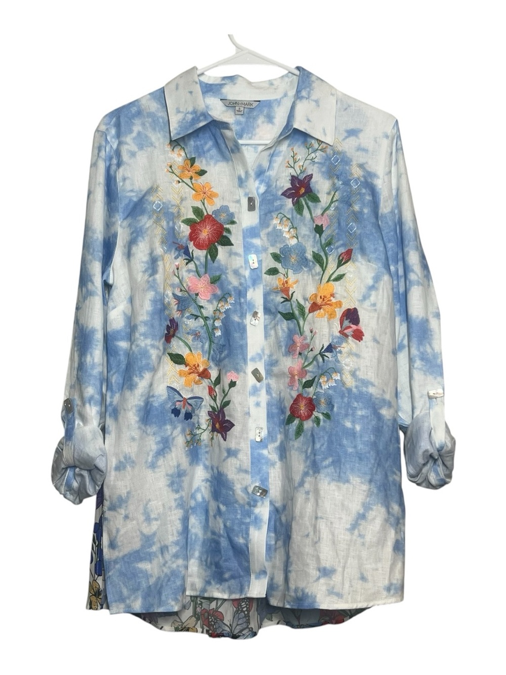 John Mark Tunic Top Blue Tie Dye Button Up Shirt Floral Embroidered Size Small